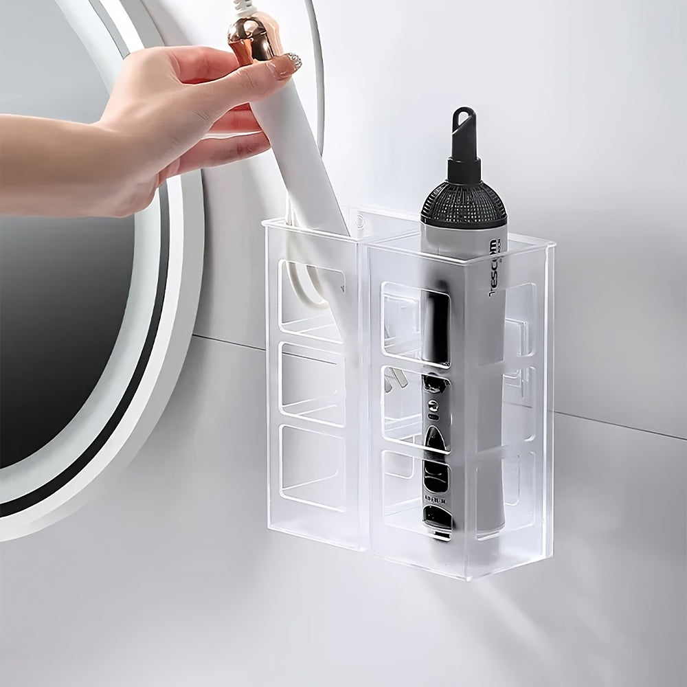 TEMU Wall-mounted Hair Tool Organizer Box - No-drill Bathroom Storage Rack For Curling Irons, Straighteners, And Beauty Tools, White Plastic With