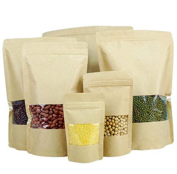 Brown Kraft Paper Bags Clear Window Zipper Retail Mylar Stand Up Pouch Package For Cookies Snack Candy Coffee Bean Powder Food Nuts Tea Seed