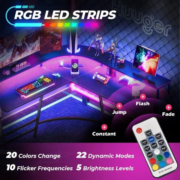 L Shaped Desk Gaming Desk with LED Lights & Power Outlets, Computer Desk with Monitor Shelves