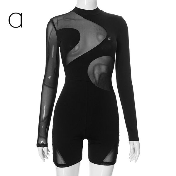 Women A662 New Mesh Stitching Tight-fitting Long-sleeved Conjoined Shorts Jumpsuit