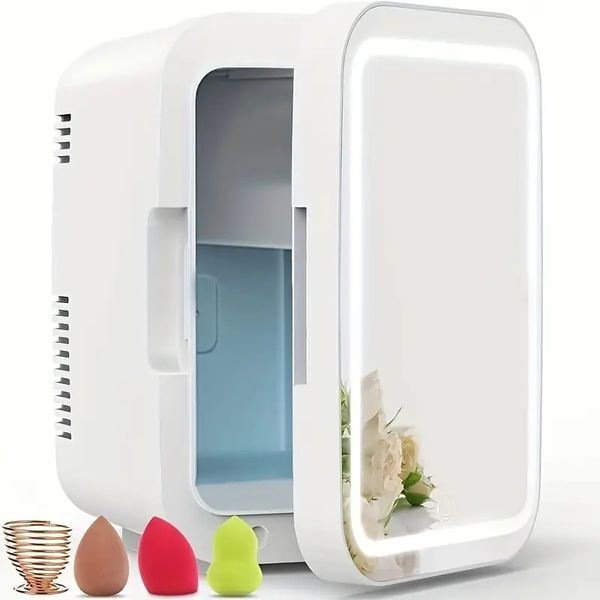 4 Liter-6 Can Mini Skincare Fridge With Mirror, AC-DC Thermoelectric Cooler Beauty Fridge, Warmer Refrigerators For Skin Care Makeup, Cosmet