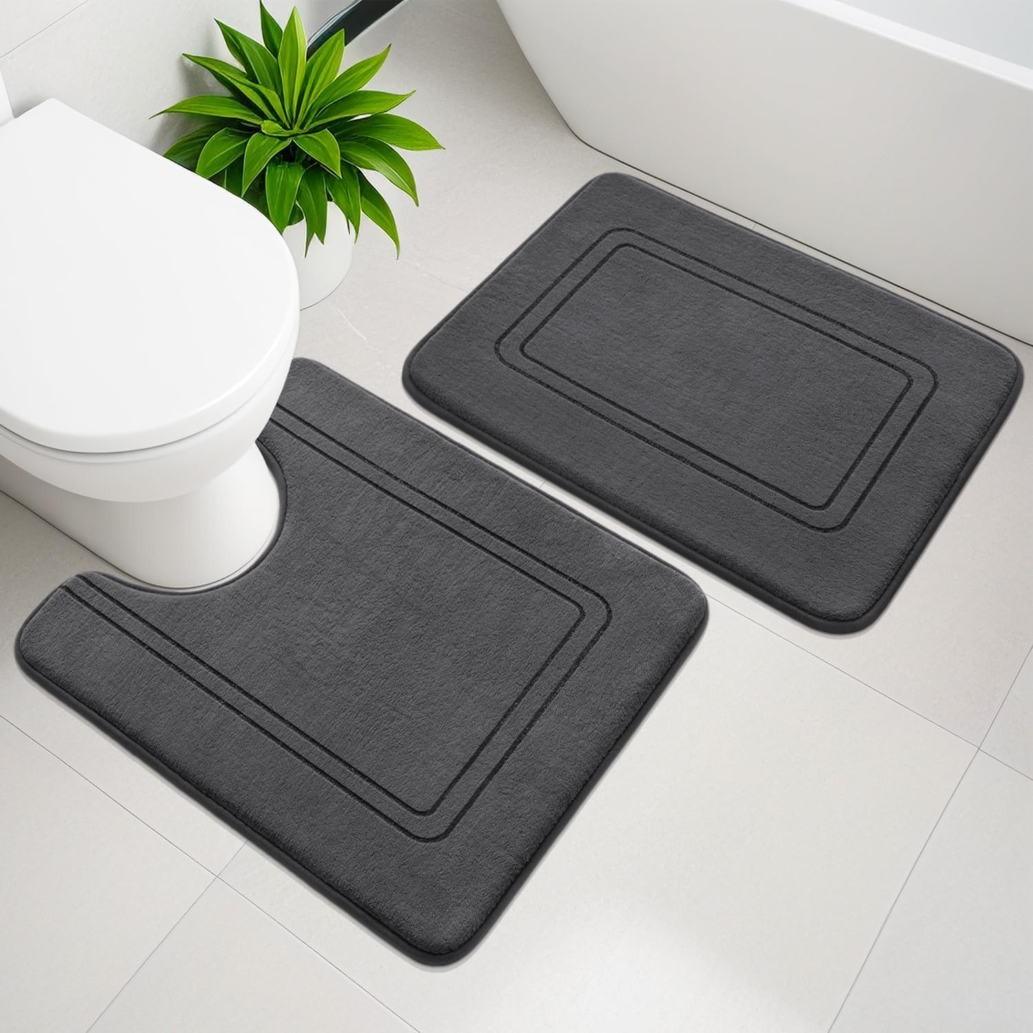 Memory Foam Bath Mat 2 Set Non Slip Super Soft Water Absorbent Machine Washable U Shape Toilet Mats Dark Grey Bath Rug Set