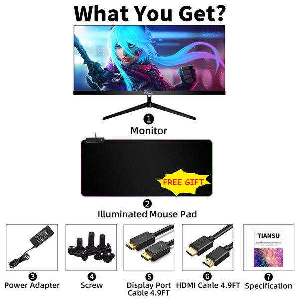 TIANSU 29 Inch Monitor 144Hz 2K 21:9 Widescreen 120Hz Computer Monitor 200Hz QHD Gaming Display 2560x1080 IPS Gamer Screen