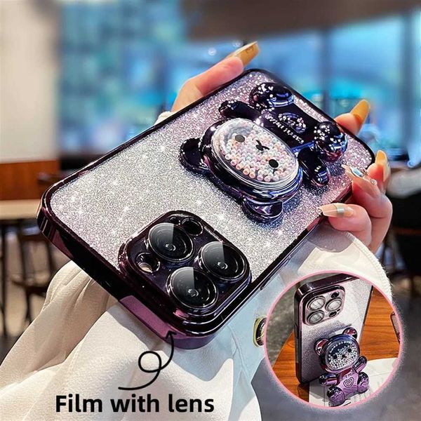 New Arrival Fashionable gradient bear holder case suitable for iPhone 16 15 14 13 12 11 Pro Max Plus XR X XS Max 7 8 Plus 15 14 electroplate