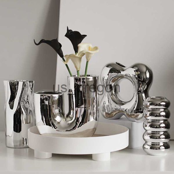 Vases Silver plating Ceramic Vase Nordic home decoration Flower shape Vases for flowers Living room TV cabinet table decor florero x0630