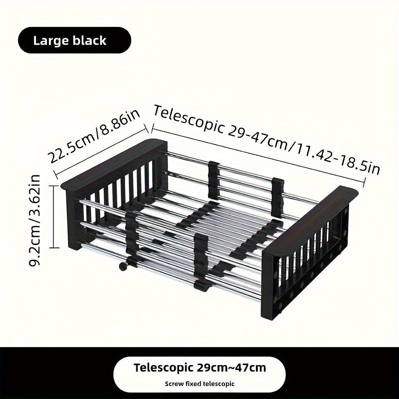TEMU 1pc Adjustable Stainless Steel Sink Strainer, Rectangular Vegetable And Fruit Draining Basket Rack, Multi-functional Kitchen Tool, Waterproof
