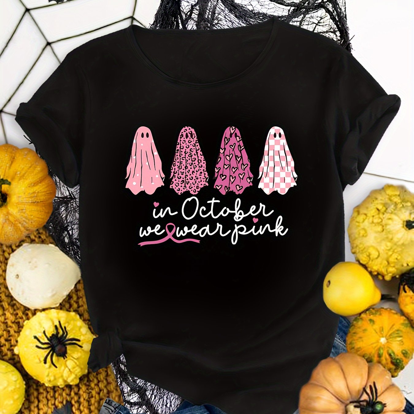 TEMU Plus-size Women's Halloween Graphic T-shirt - "in October " & Pumpkin Design, Black Casual Short Sleeve Round Neck Top, Machine Washable,