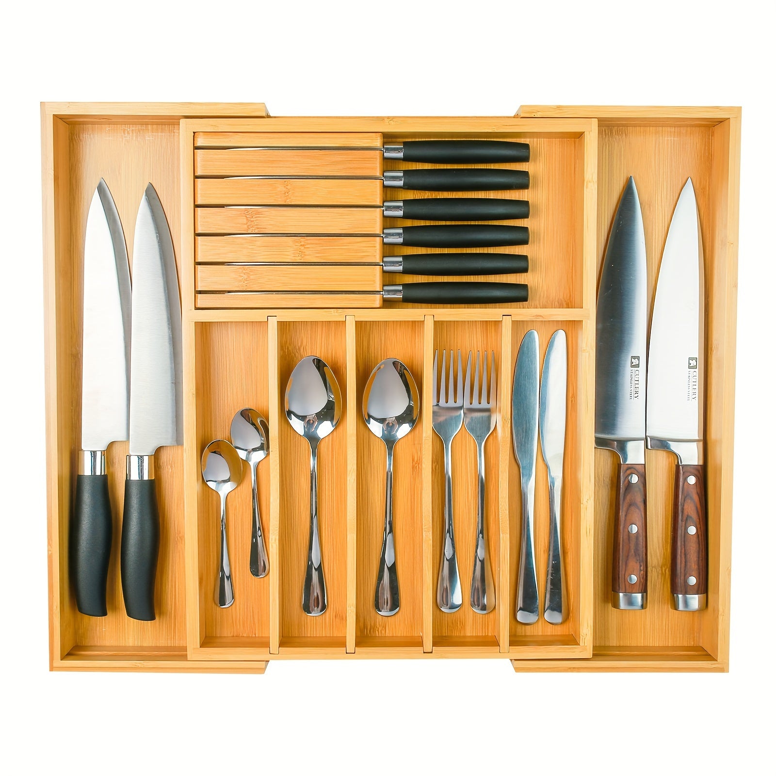 TEMU Bamboo Silverware Drawer Organizer, Adjustable Kitchen Utensil Drawer Organizer With Removable Dividers And Knife Flatware, Cutlery Tray, Steak