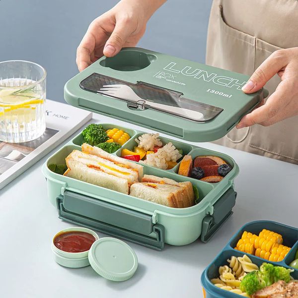 1300ML Portable with Grid Division Lunch Box Kids Students Office Bento Box with Fork and Spoon Microwave Food Storage Container 250110
