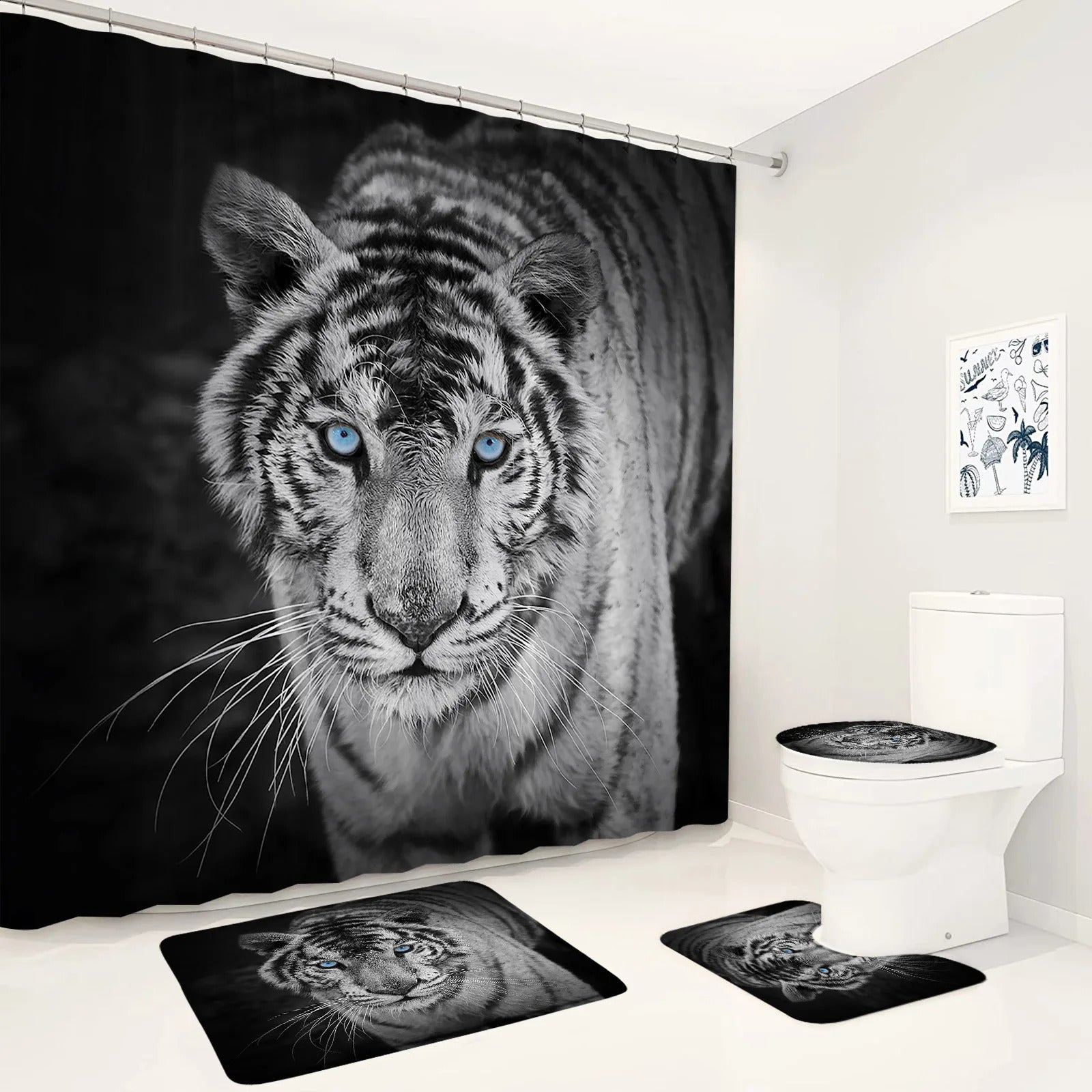 Black White Tiger Shower Curtain Set Wild Animal Gazing Modern Home Bathroom Decor Carpet Non-Slip Rug Bath Mat Toilet Lid Cover 241119