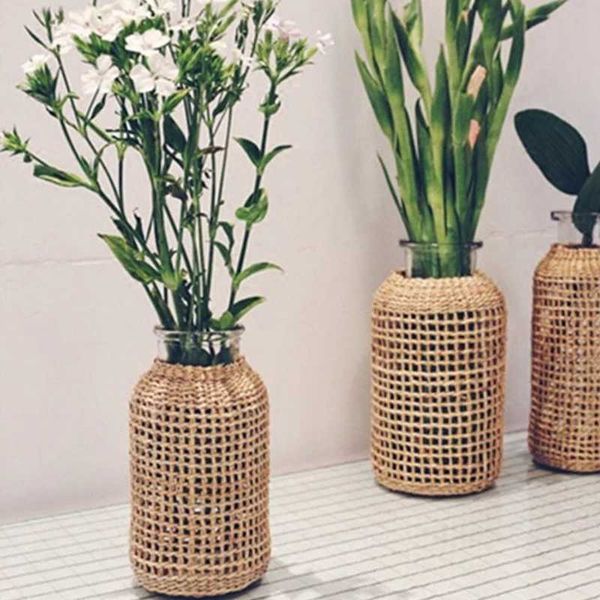 Vases Rattan Vase Household Flower Home Decor Tabletop Dried Flowers er Vase Country Retro Woven Art Craft Vase Home Living Room z241212