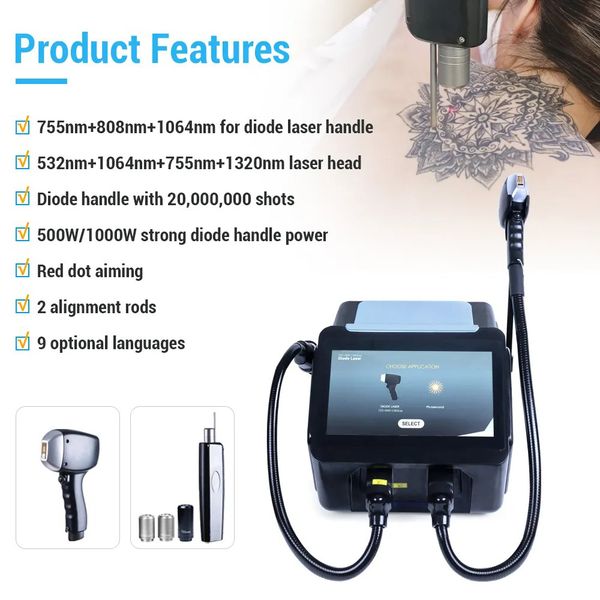 2024 Multifunctional 2 In 1 Diode Laser Hair Removal Picosecond Tattoo Removal Laser Machine