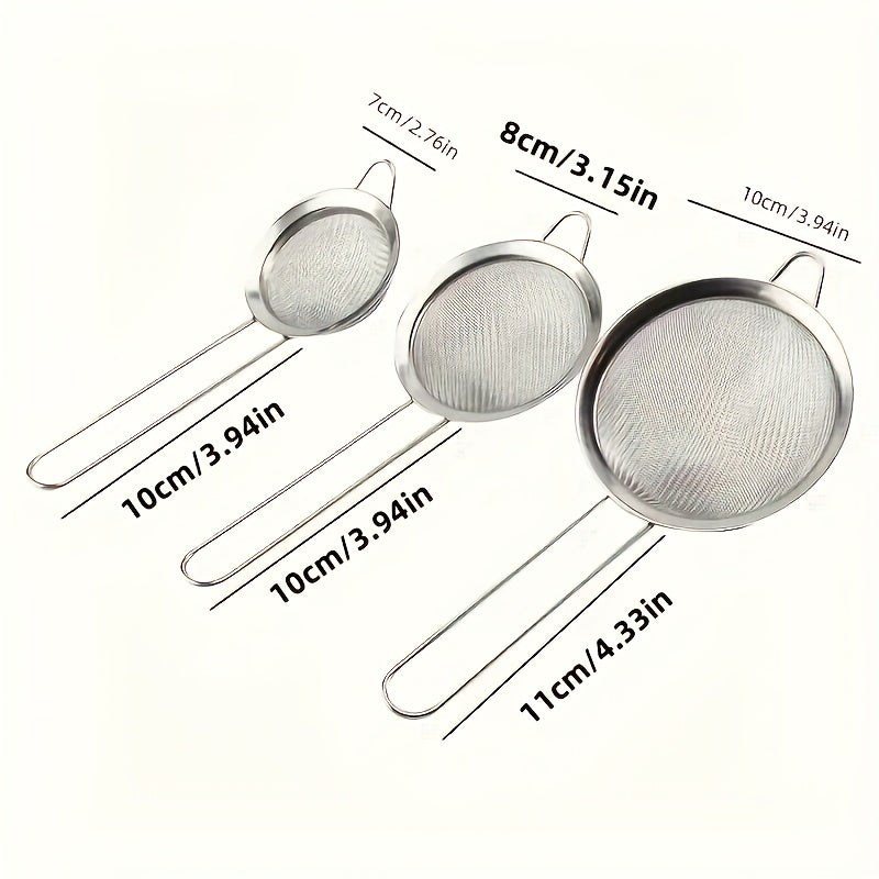 TEMU 3pcs Stainless Steel Fine Mesh Strainer Set - , Rust-resistant Sieve With Handle - Essential Kitchen & Baking Tools For Smooth Sauces & Flour