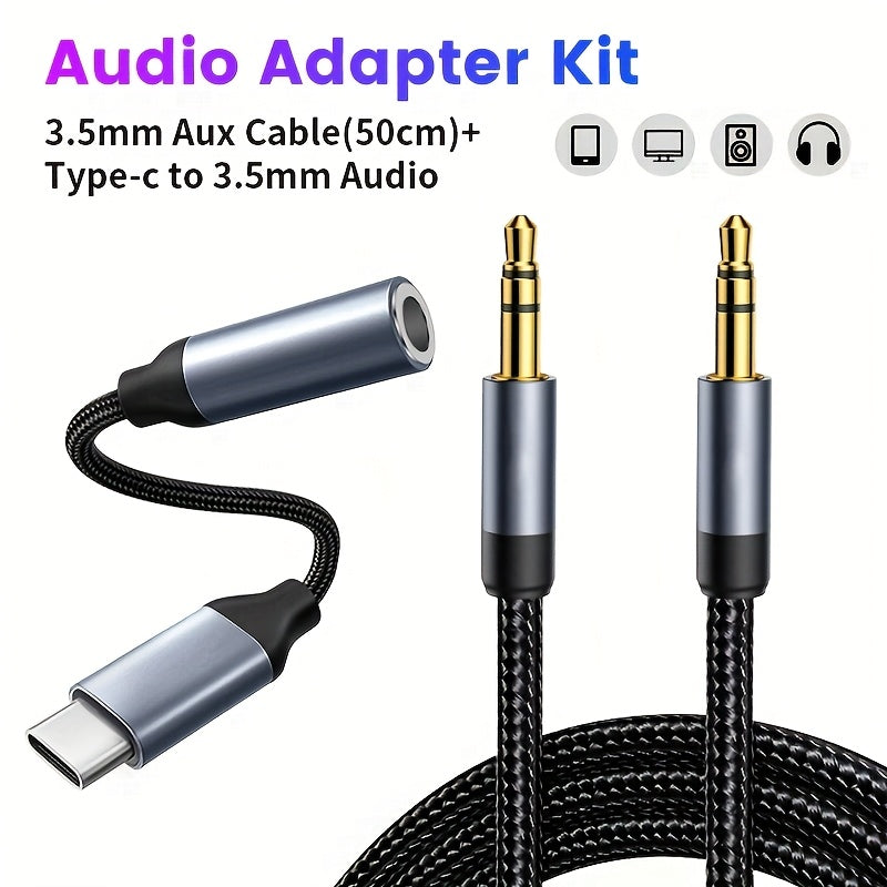 TEMU Type-c To 3.5mm Auxiliary Adapter +19.69in-19.68in Extension Cable, Suitable For Iphone And Phones - Durable, Plug And Play Headphone Jack