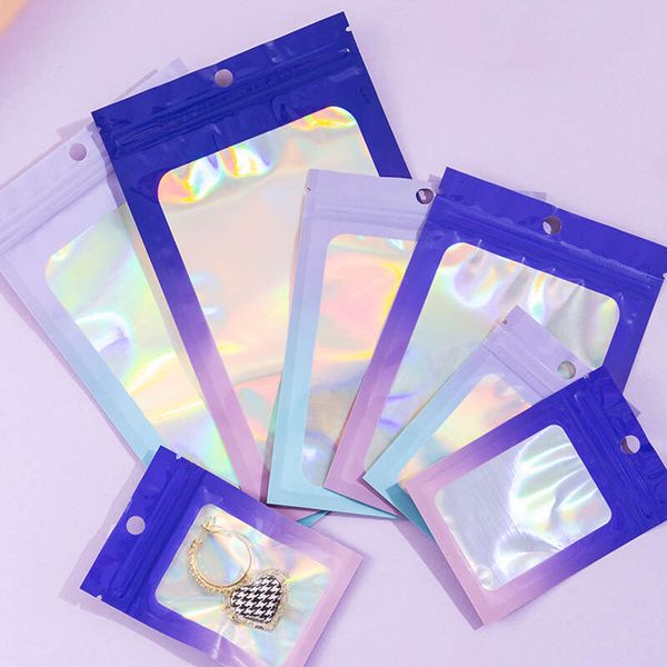 48Pcsthick Smell Proof Mylar Bags Holographic Laser Color Plastic Packaging Jewelry Retail Storage Pouch Gift Zip Lock Bag