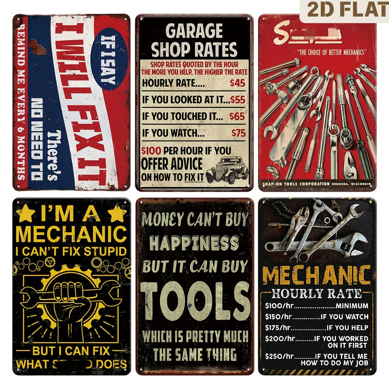 TEMU 6pcs, Vintage Tools Metal Tin Signs, Retro Car Repair Mechanic Metal Plaque For Club Bar Bedroom Workshop Home Wall Decoration, For Cave Signs