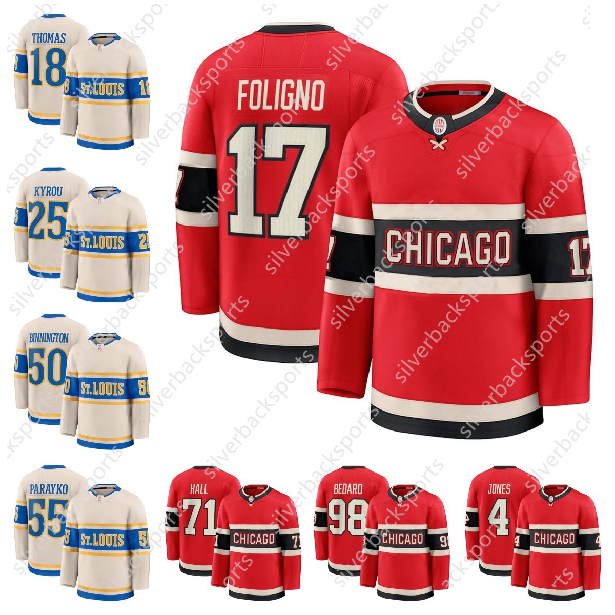 2025 ST.L 18 Thomas 10 Schenn 38 Demitra 25 Kyrou Suter Sundqvist Buchnevich Binnington Bertuzzi 98 Bedard Kane Chicago Kurashev Foligno Hall Terava