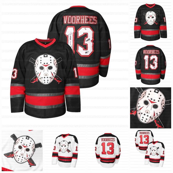 13 Jason Voorhees Black White Ice Hockey Jersey Men&#039;s Friday The 13th Movie Jerseys Halloween Horror Shirt Long sleeves Embroidered Bla