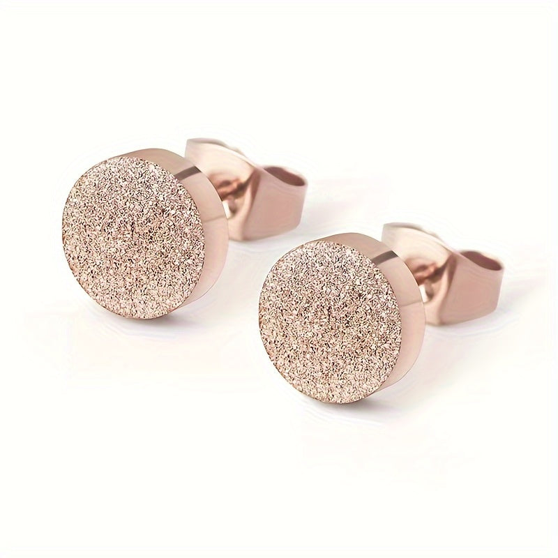TEMU 2pcs Frosted Stainless Steel Stud Earrings – Round Blue Glitter Design, Hypoallergenic, Casual Attire Or Gift For