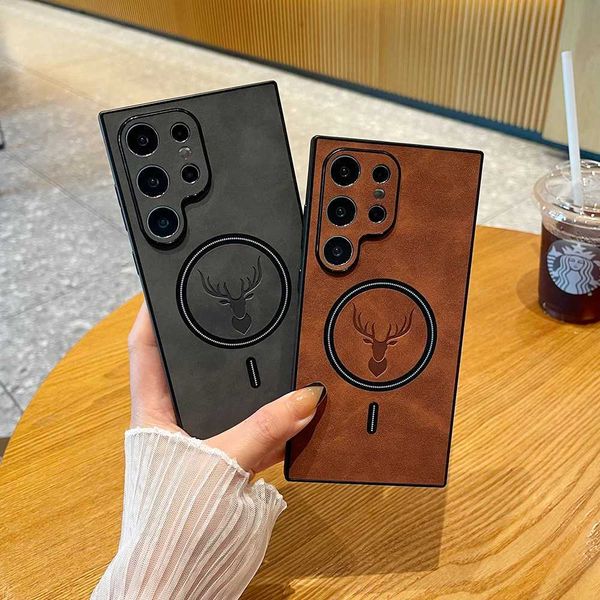 Hot Sale Luxury leather wireless charging Deer Cortex phone case suitable for S24 S23 S22 S21 Ultra Plus magnetic bumper cover T241209