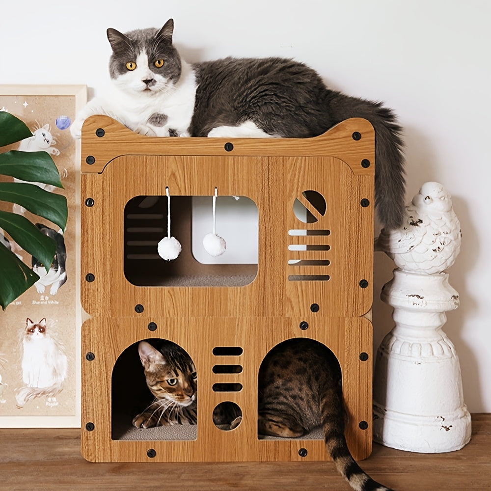TEMU 1pc Deluxe Dual-layer Cat Villa, Fiberboard Multi-level Cat House With Scratching Post, Sleeping Nests & Play Area, Furniture Cat Scratcher Kit