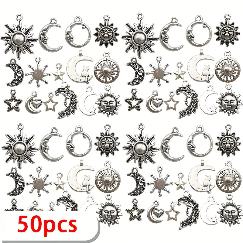 TEMU 50-100pcs Antique Silvery Alloy Pendants, Assorted Star, Moon, Sun, Charms For Making, Necklace, Bracelet, Earrings Crafting Supplies