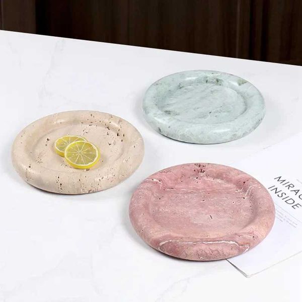 Decorative Plates D20x3CM Beige Green Retro Travertine Stone Round Edged Natural Marble Tray Small Jewelry Plate Home Decor CL250121