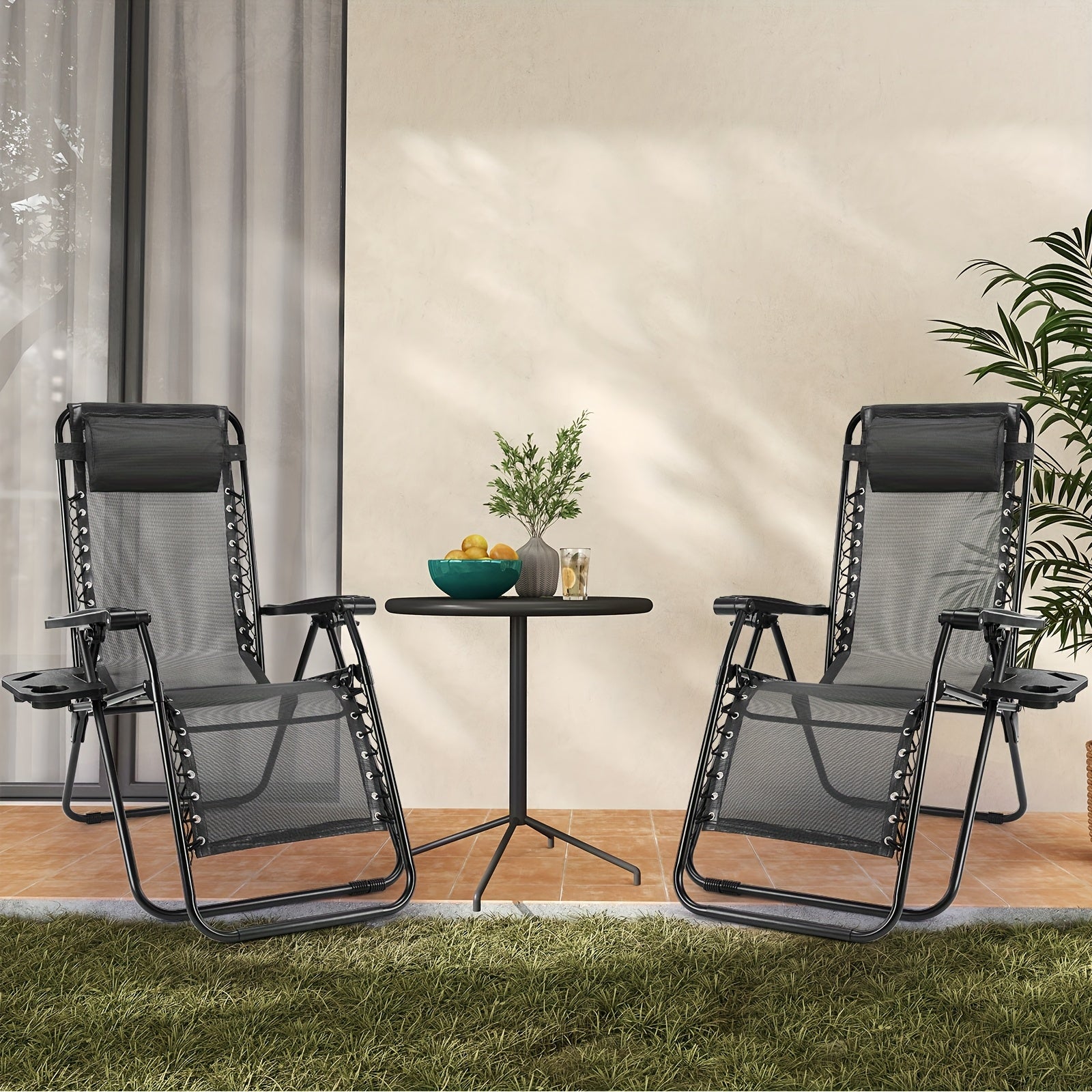 TEMU 1-2 Set Portable 0 Gravity Recliner Chair With Cup Holders & Adjustable Pillow - Heavy-duty Plastic Folding Lounge Chair For Camping, Beach,