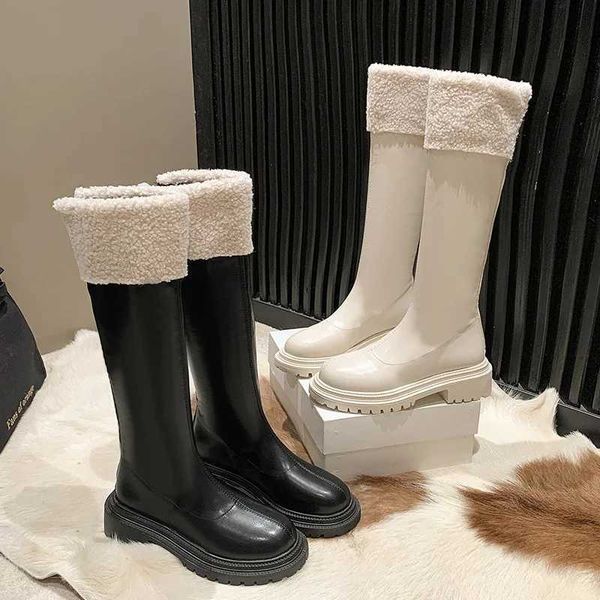 Inverno quente joelho macio quente quente fi couro macio lg boots street estilo quadrado de baixo teto h shoes y241220