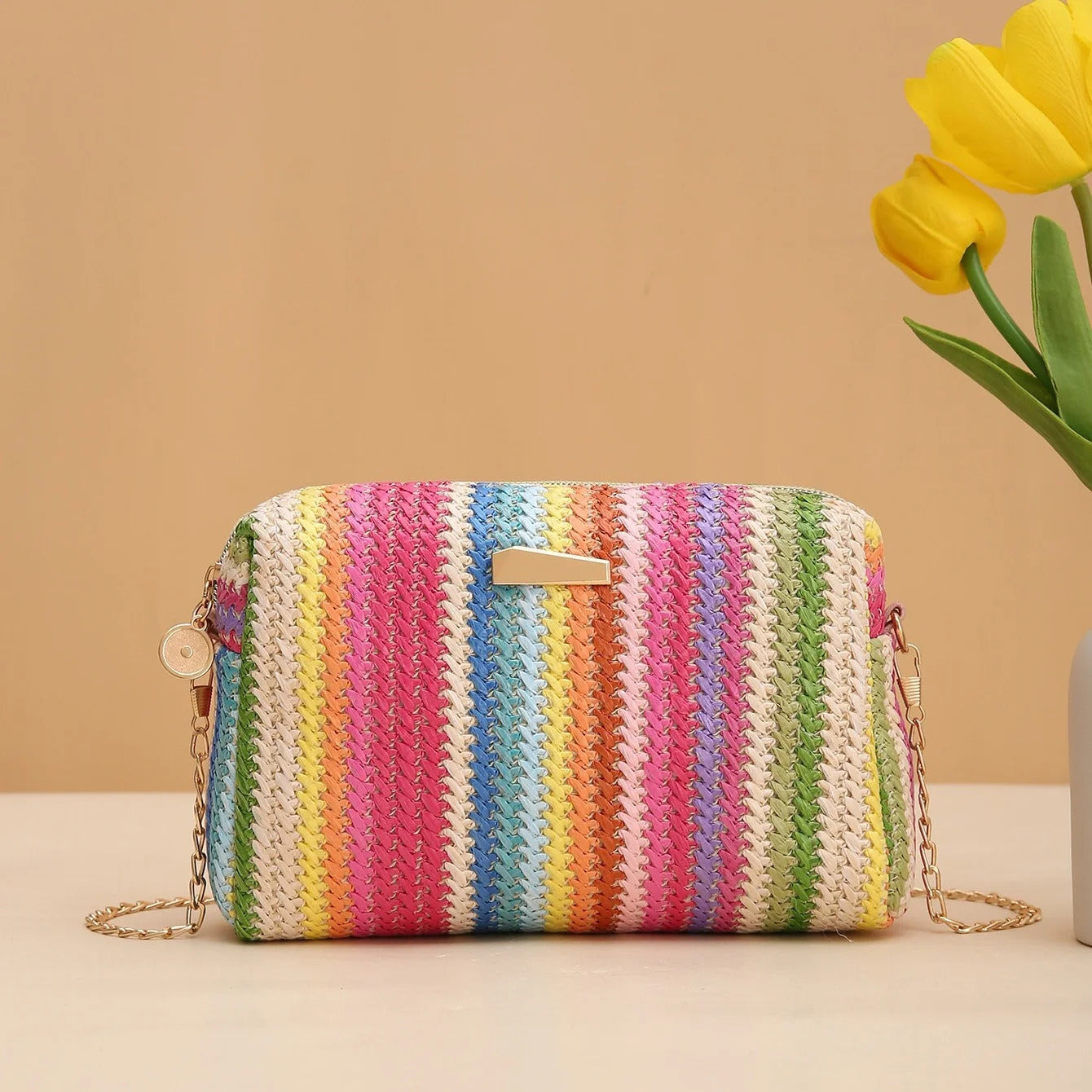 Summer Rainbow Rattan Knitting Straw Bag Shoulder Crossbody Beach Chain Small Purse Handbag Female Travel Flap Women 241203