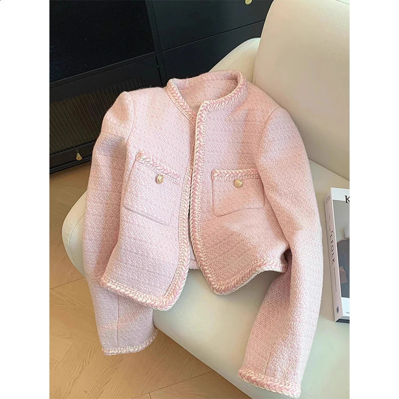 MEXZT Elegant Tweed Jacket Women Sweet Cropped Pink Coat Winter Korean Single Breasted Blazer Ladies Vintage Short Outerwear 240821