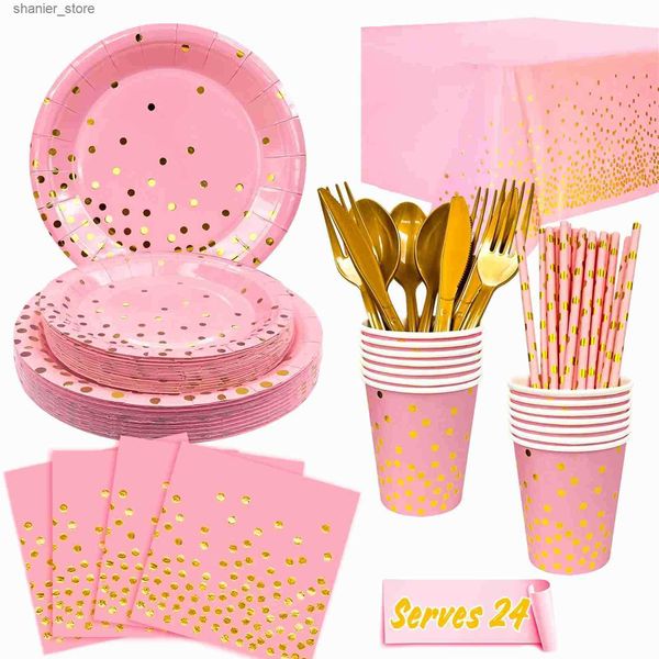 Disposable Dinnerware Pink and Gold Party Supplies 193 pcs-Serves 24 Pink and Gold Birthday Dinnerware Set- Pink and Gold Birthday Plates Cu