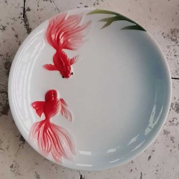 Ceramic Shallow Plate Tableware Household Microwave Oven Goldfish Plate Restaurant Dim Sum Fruit Cake Steak Food Plate Y250208