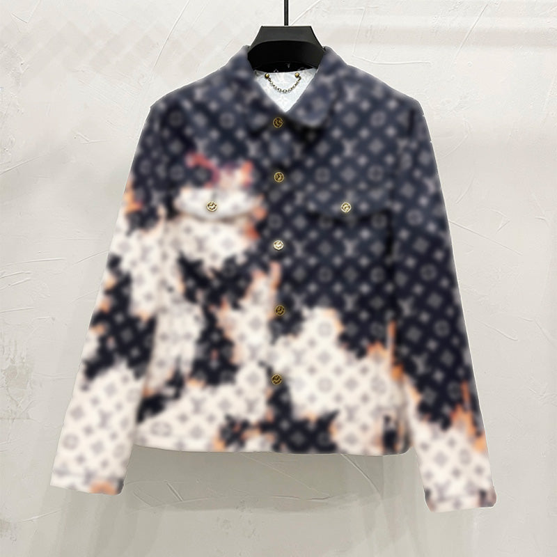 Trendy Limited Edition High-Quality Denim Jacket with Rivets & Tie-Dye - Classic Designer Lettered Outerwear Featuring Checkerboard Pattern