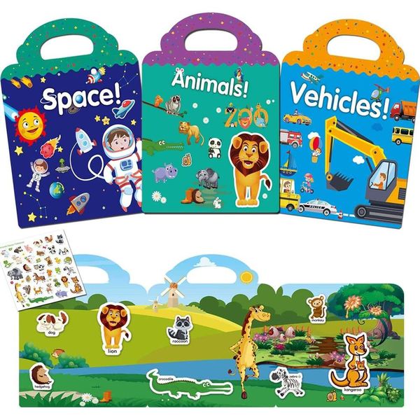 3 Pack Reusable Toddlers 2-4 Years, Sticker Books 1-3, Birthday Gifts for Kids Toddler Boys Girls Travel Toys (Animals+Space+Vehicles)
