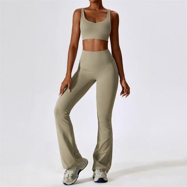 8232 Roupa feminina ioga conjuntos de coletes com calças com mangas de colete de coletes Bell Bell Bottom Sports Sport Gym executando Long P