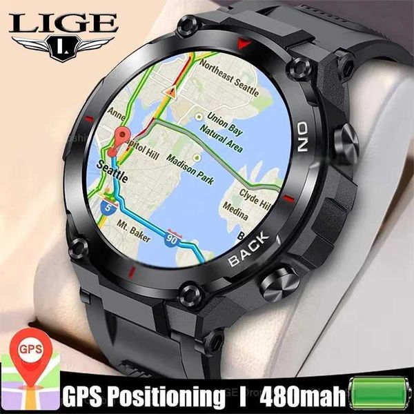 LIGE 2024 New GPS Smart Watch Mens Sturdy Military Outdoor Waterproof Sports Watch Health Monitor wireless connections Call Smart Watch Mens