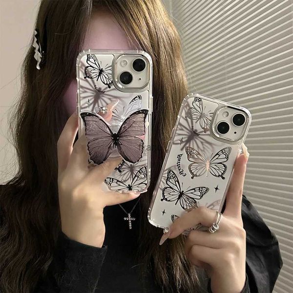 Cell Phone Cases Korea ins Cute 3D Butterfly Ring Holder Stand Plated Mirror Phone Case for iphone 12 13 14 Pro Max 14 13 Kawaii Back Cover