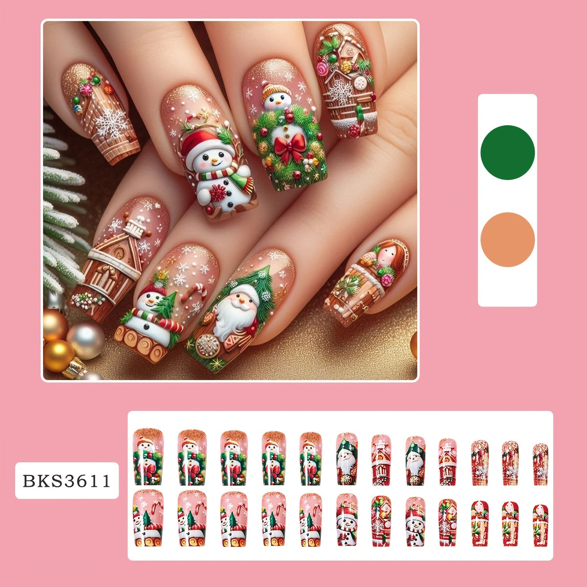 TEMU 24pcs Festive Christmas Nail Art Stickers - Snowman, Tree & Ornament Designs With Golden & Green Glossy Finish, Square Shape, Middle Length -