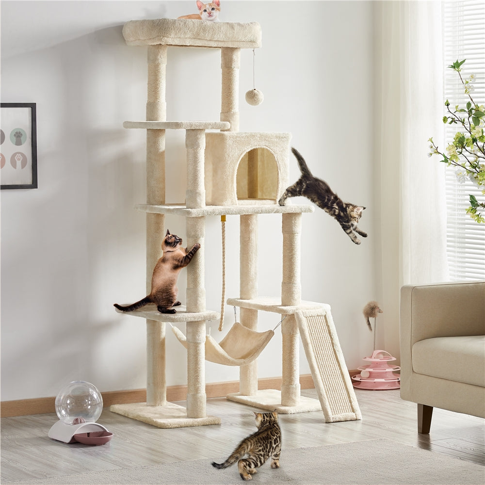TEMU 63in Cat Tree Large Cat Tower With Hammock Scratching Posts, Condo, Perch & Ball, Plush Cat Tree, Halloween Cat Furniture,gray-beige