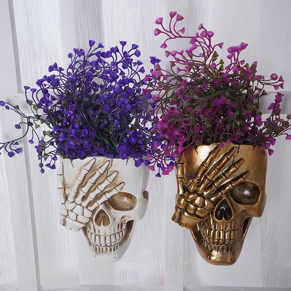 Skull Head Flower Pots Gothic Skeleton Planter Container Office Planter Succulent Plant Organizer Halloween Tabletop Ornament 240329