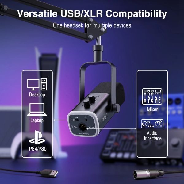 FIFINE XLR-USB Gaming Microphone Kit with Headphone Jack-Mute-RGB -Arm Stand,Dynamic Mic Set for PC PS5-4 Mixer AmpliGame AM8T