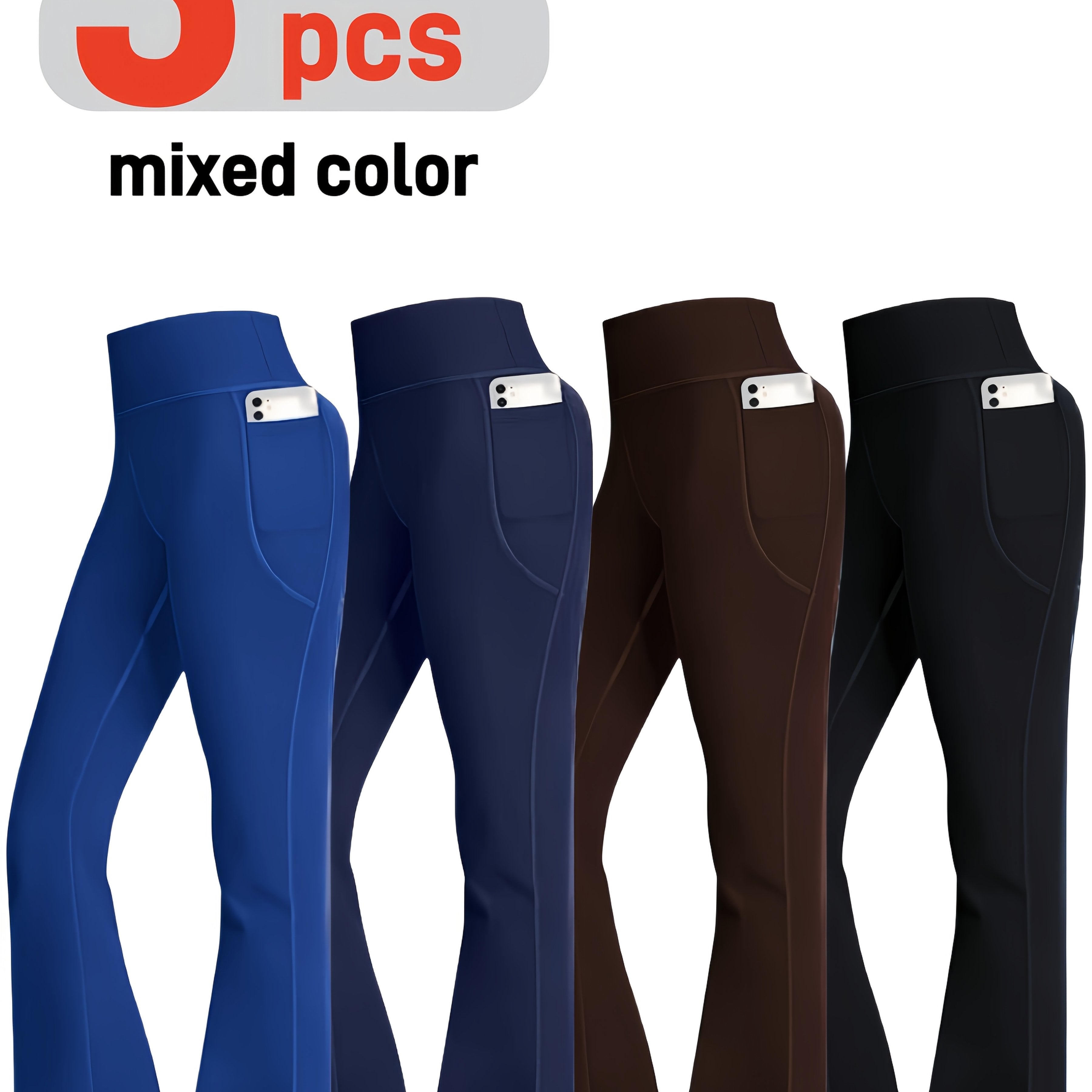 TEMU 3pcs Leggings With Pockets, Elastic Flared Pants For Women, Casual Fashionable Outerwear Pants