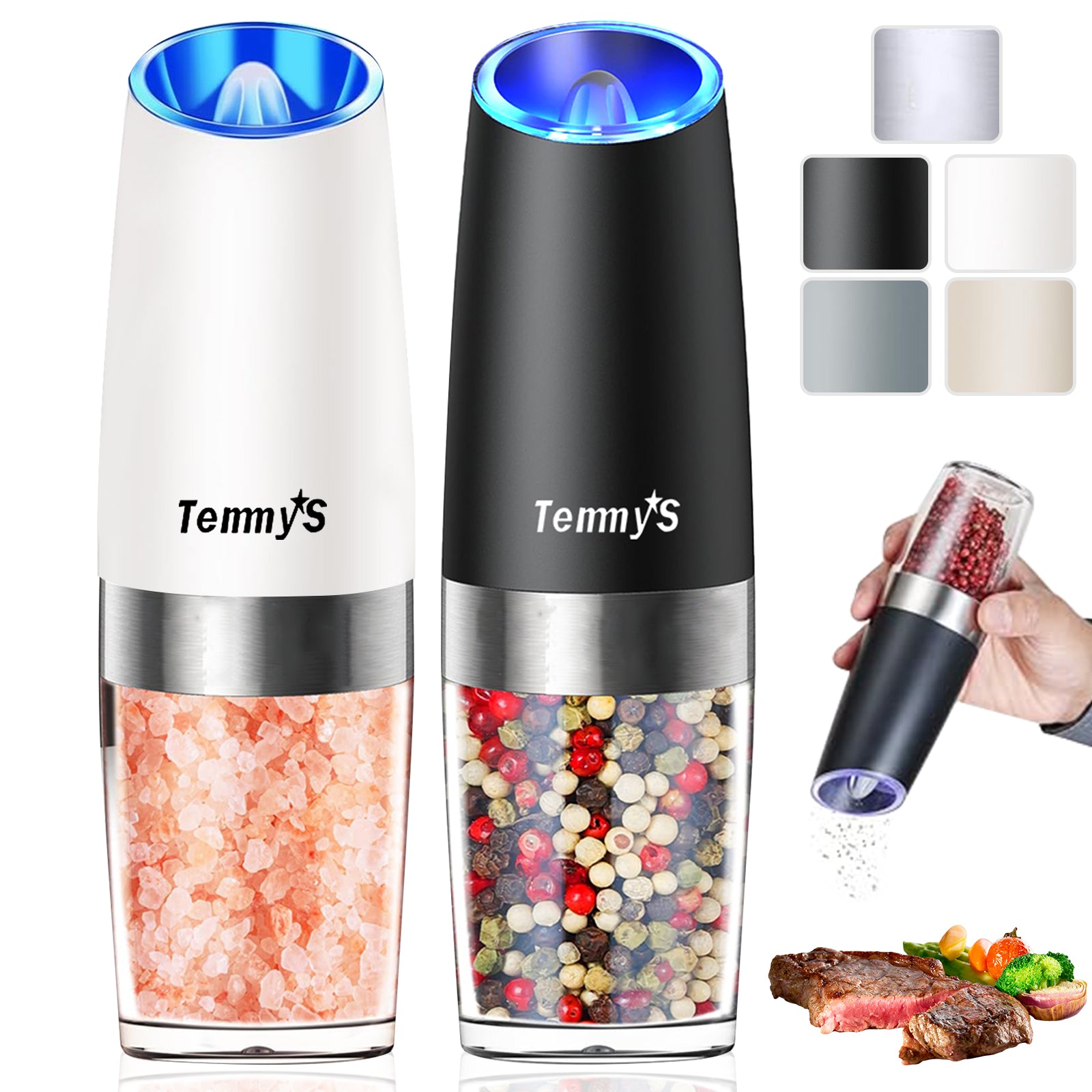 2 gravity electric salt and pepper grinders with adjustable roughness, battery powered LED lights, one handed automatic operation