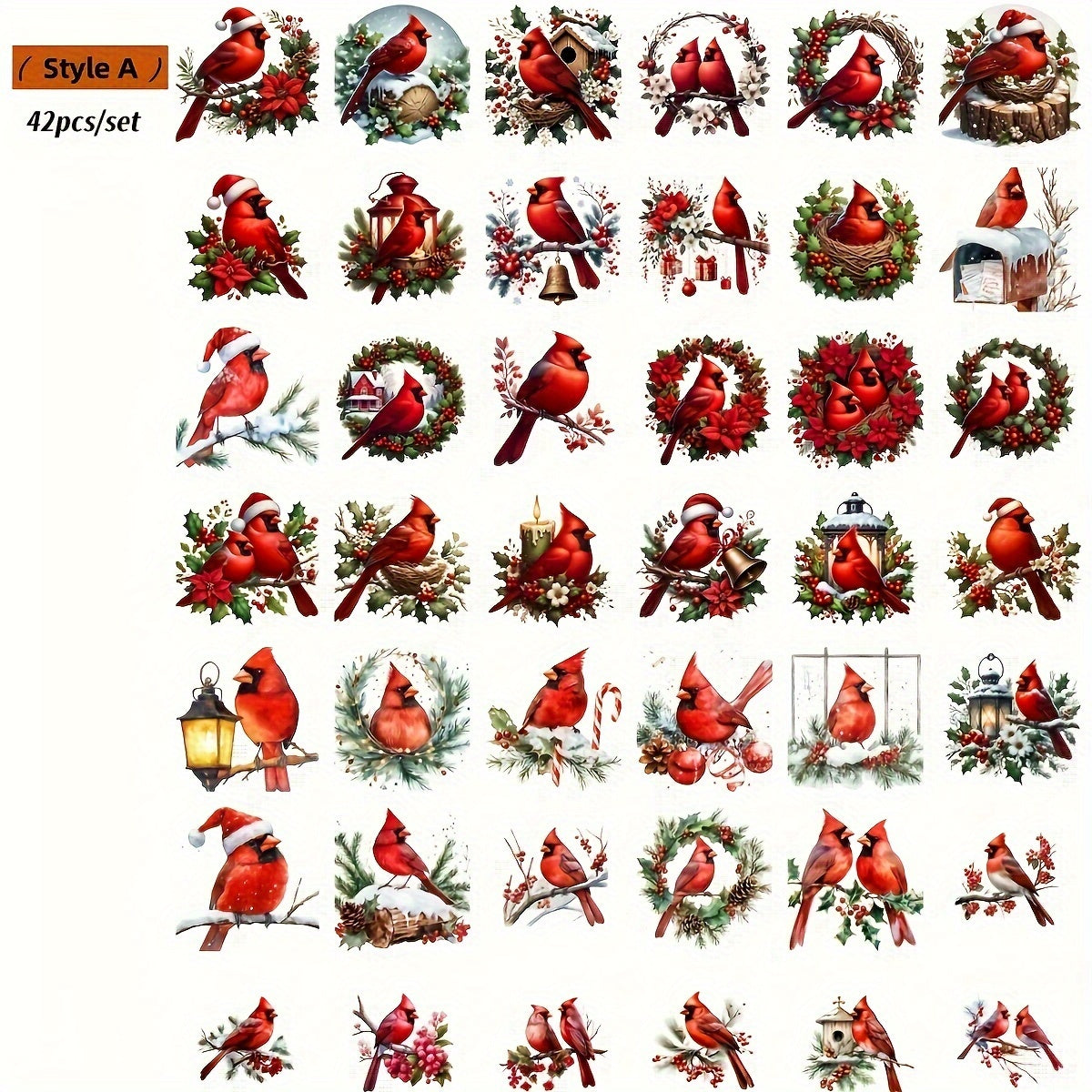 TEMU 42pcs Vintage Christmas Bird Stickers Set, High Bird Decals For Scrapbooking, Journal, Album, Diy Crafts, Self-adhesive, Reusable,, , Mixed