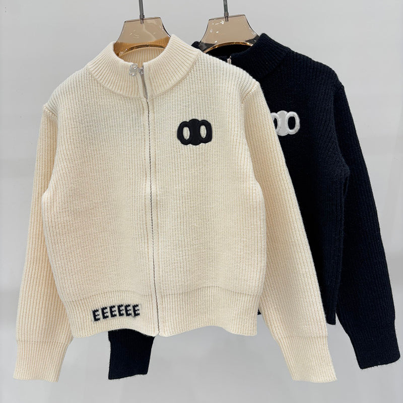 Trendy Knit Outerwear Women Casual Letter Embroidered Zipper Cardigan Street Style Cropped Knitwear