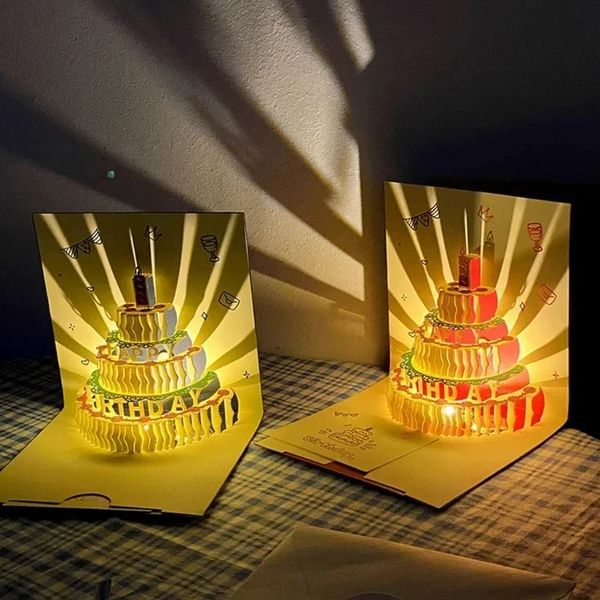 3D music birthday cake card LED light pop-up greeting card with envelope suitable for girls ren wives postcards in all occasions 250120