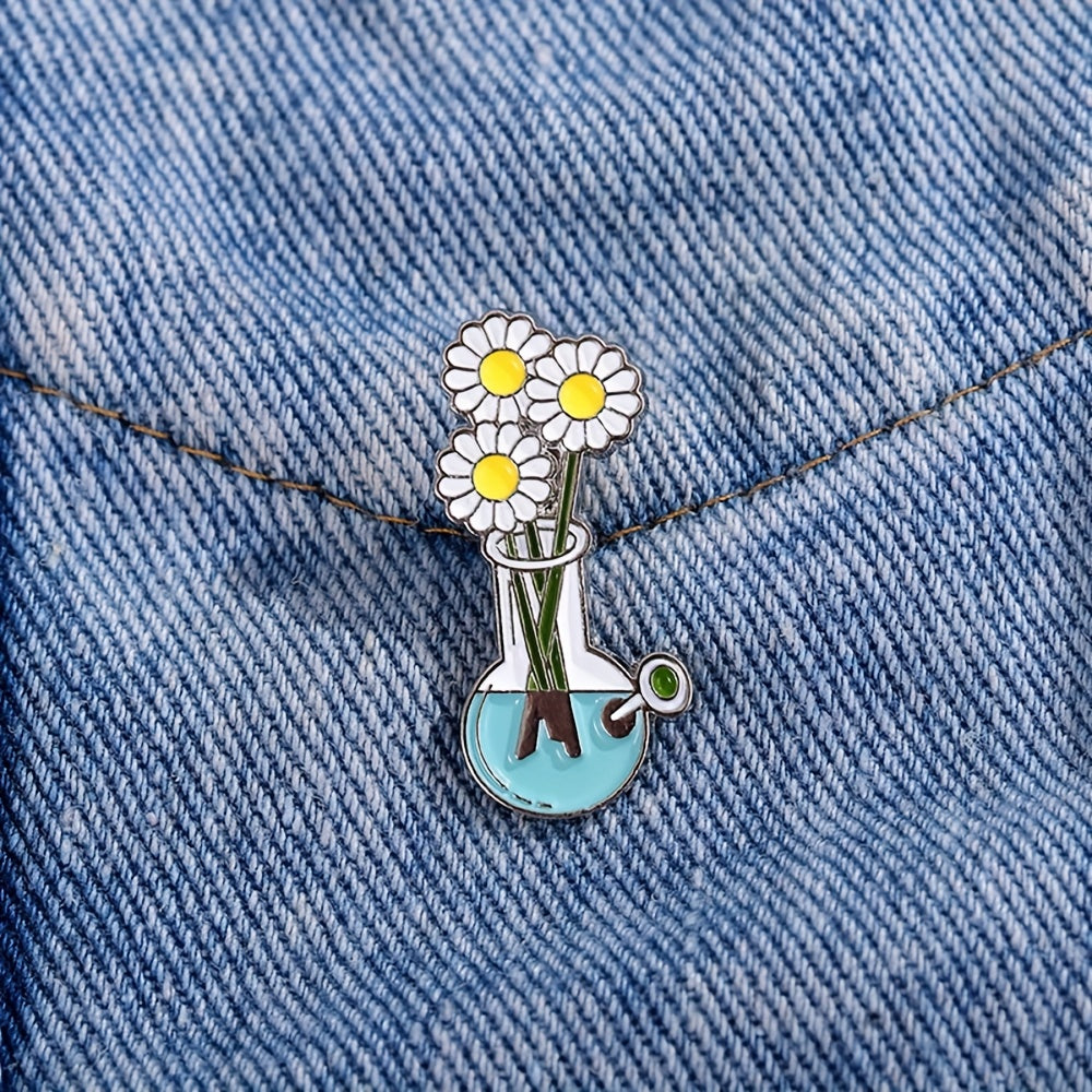 TEMU Elegant Daisy Enamel Brooch Pin - Cartoon-themed Decorative Ornament With Blue Vase & Watering , Durable Alloy, Bags, Jackets, And Gifts, Jacket