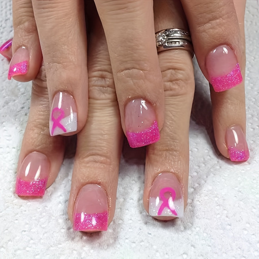 TEMU A Set Of 24 Short, Glossy Square Fake Nails With A Symbolizing Care For , Designed For Women And Girls, And And .