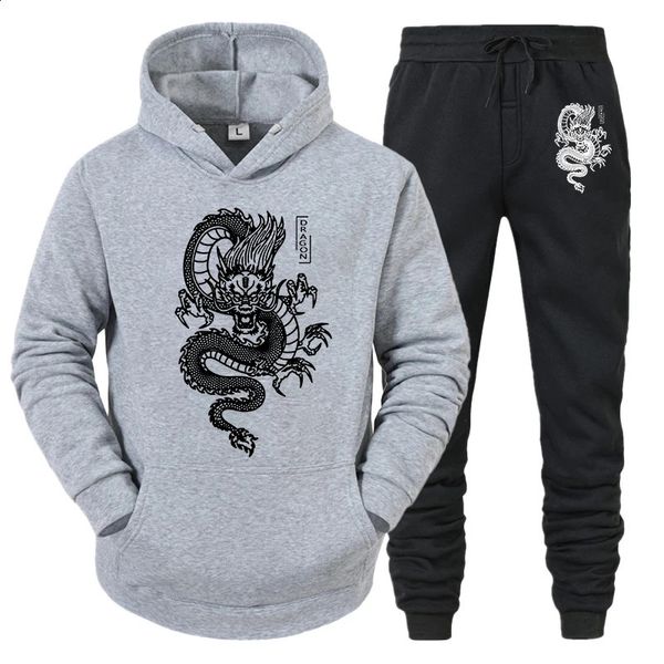 Men Tracksuit Set HoodiePant Spring Winter Dragon Print Casual Fleece Sweatshirt Sportwear Homme Streetwear Men Clothing 240827